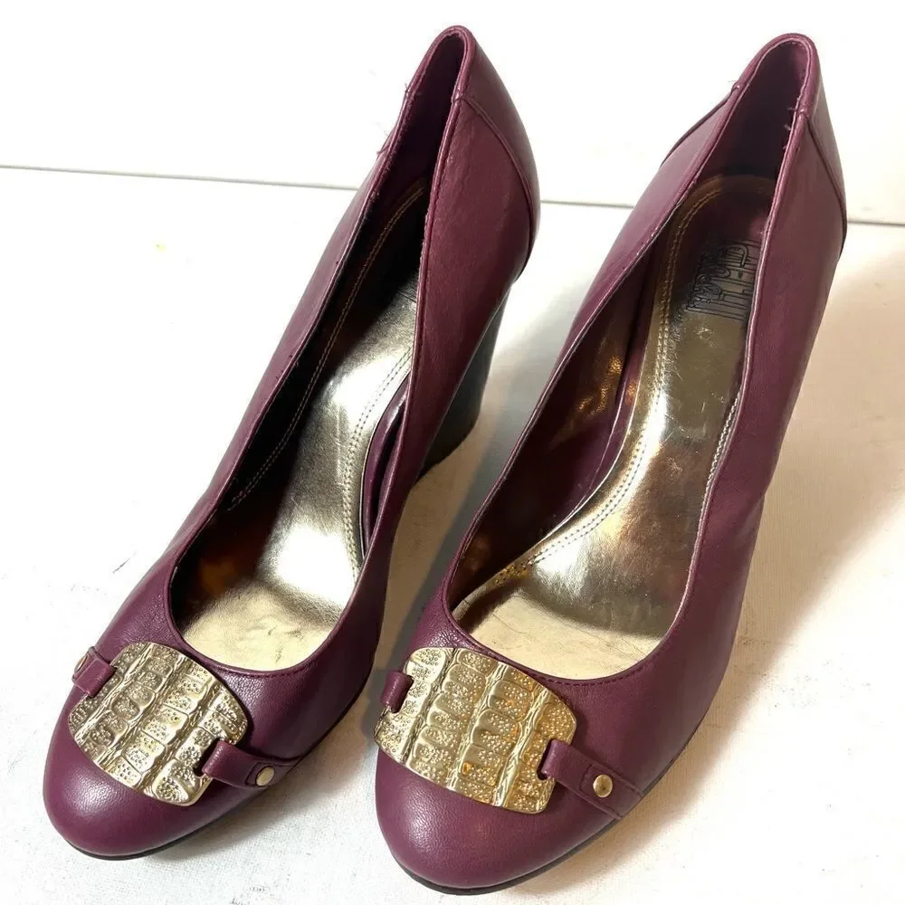 Falchi Womens Classic Wedge Pump High Heels Shoes Mauve Leather Slip On Size 9.5